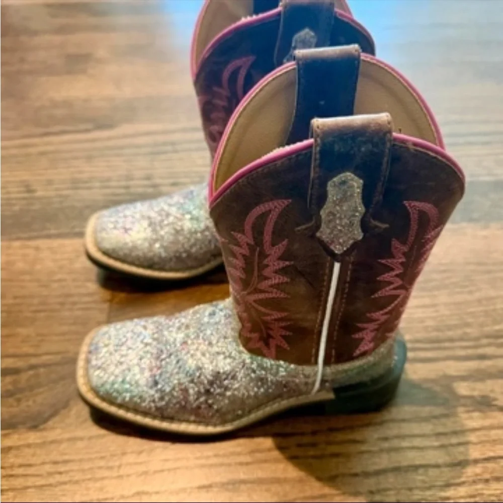 Girls Glitter Square-Toe Cowboy Boots in Pink and Brown